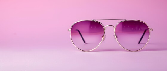 Poster -  A pink background features a pair of sunglasses, their lenses partially concealed by another pair of pink-tinted glasses placed on top