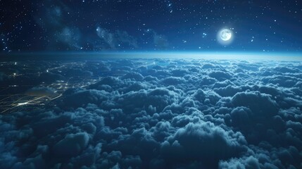 Flying above the clouds time lapse at night with moonlight The animation loops seamlessly. Fly over a view of clouds gliding above the city lights at night.