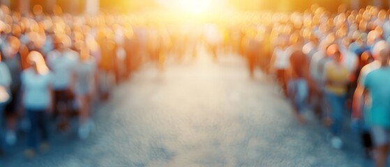 Wall Mural -   a lined-up group on a street with the sun setting behind them