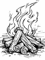 Campfire illustration. A line drawing depicts a campfire with logs and flames.