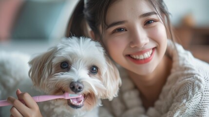 Young female brushing White Maltese dog teeth at home,The process of brushing a dogs teeth,Regular hygienic cleaning of teeth,Pet care concept.