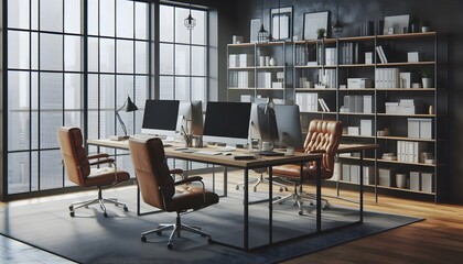 Wall Mural - Interior of an office with wooden furniture, chairs, tables, and a spacious, well-lit room design, featuring elegant walls and windows