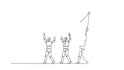 Poster - Self drawing animation continuous one line drawing group of robots work together to carrying crown. King in the world of technology. Artificial intelligence is developing rapidly. Full length animated
