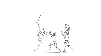 Poster - animated self drawing of single one line drawing group of robots work together carrying alarm clock.