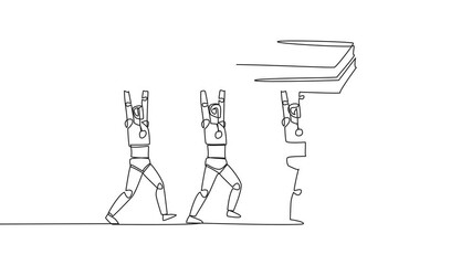 Poster - animation of a single one line drawing group of robots working together carrying a stack of banknote