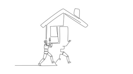 Poster - self drawing animation of single one line drawing group of robots work together carrying a miniature