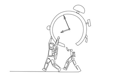 Poster - Self drawing animation of single continuous line drawing group of astronauts work together carrying alarm clock. Appreciate the time. Time is the greatest asset. Space expedition. Full length animated