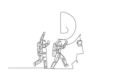 Poster - Self drawing animation of single continuous line drawing group of astronauts work together carrying a dollar symbol coin. A fruitful expedition. Savings for the next expedition. Full length animated
