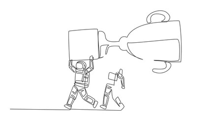 Poster - Self drawing animation of single continuous line drawing a group of astronauts work together carrying the trophy. Win a space science competition. Beautiful memories. Spaceman. Full length animated