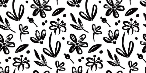 Poster - Flower brush seamless pattern. Floral abstract hand drawn brush paint background. Sketch hand drawn leaf floral paint seamless pattern. Black simple texture flower background. Vector illustration