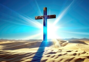 Jesus Christ's wooden cross stands large in a desert or sandy landscape, with rays of light shining from behind it against a clear blue sky. Religious and Spirituality concepts.