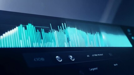 Poster - This close up of a computer screen showing a blue and green audio spectrum visualizer.