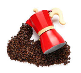 Geyser coffee maker with beans on white background