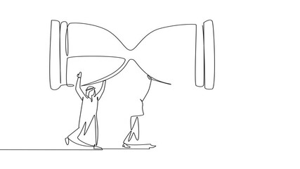 Poster - Animated self drawing of continuous one line drawing a group of Arab businessmen and Arab businesswomen work together to carrying an hourglass. A reminder. Countdown. Classic. Full length animation