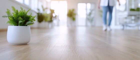 Sticker -  A woman walks through a hallway, holding a plant in a white vase The vase rests on the wooden floor