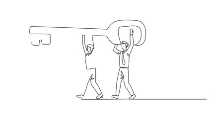 Poster - Self drawing animation of single one line drawing a group of businessmen and businessmen work together carrying the key. Offer solutions. Solve problems together for profit. Full length animated