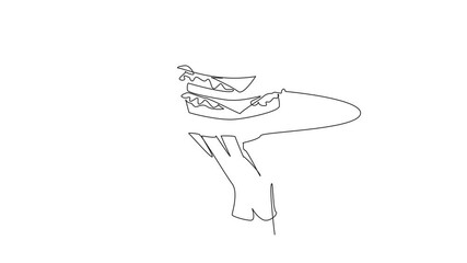 Poster - Animated self drawing of single one line drawing waiter holding food tray serving burger. Fast food. Like a sandwich. Bread contains pieces of meat, lettuce, tomatoes and onion. Full length animation