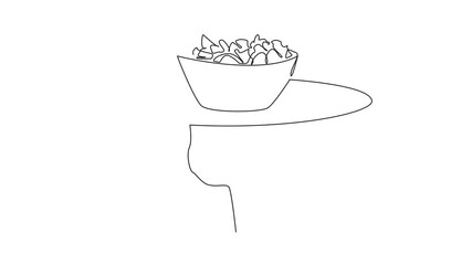 Wall Mural - Animation of single continuous line drawing the waiter holds a food tray serving salad. Greek salad. Fresh fruit slices. Served on a bowl. Served cold is more delicious. Tasty. Full length motion