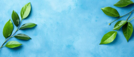  A tree branch with verdant leaves against a tranquil blue backdrop - text or image insertion area here