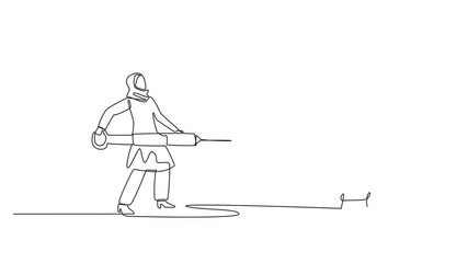 Poster - self drawing animation of continuous one line drawing arab businesswoman holding big syringe and wan