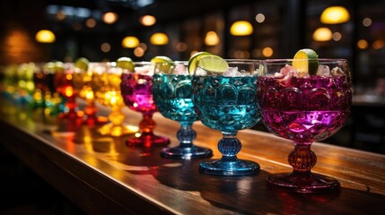 Sticker - The subtle glow of the dimmed lights highlighting the sparkling glasses and vibrant colors of the handcrafted cocktails. 