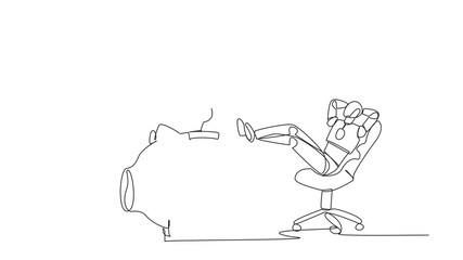 Wall Mural - Animation of a single continuous line drawing a robot sit relax on a chair to see money faucet flow into savings piggy bank. Profit-making robot. A lot of profit. Future technology. Full length motion