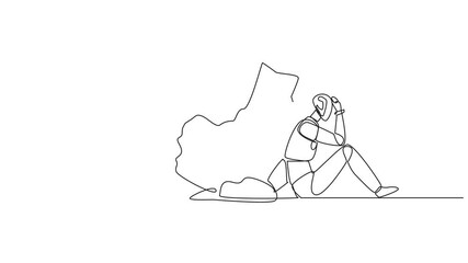 Poster - self drawing animation of single one line drawing a robot sit slump next to a large, destroyed big p