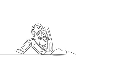 Poster - animation of single continuous line drawing astronaut sit slump next to a large, destroyed big piggy