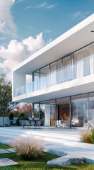 Canvas Print - A modern, simple, and luxurious white villa with large glass windows, blown grass, blue sky and white clouds, clear and transparent, exuding a leisurely atmosphereï¼Œreal pictures,real-life effects,wi