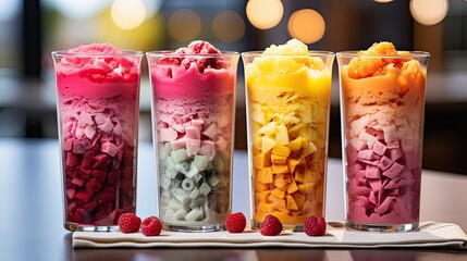 Poster - three different smoothies with frozen fruits on a counter, handcrafted designs 