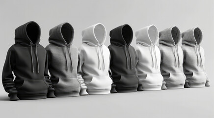 Poster - Set of white, black and grey folded hoodies mockup isolated on white background. Generative AI.