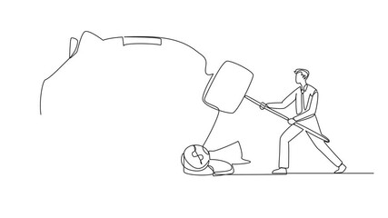 Poster - animated self drawing of single one line drawing businessman hit big piggy bank with a big hammer un