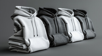 Poster - Set of white, black and grey folded hoodies mockup isolated on white background. Generative AI.