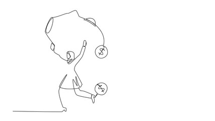 Poster - animated self drawing of single one line drawing arab businesswoman running lifting big piggy bank o