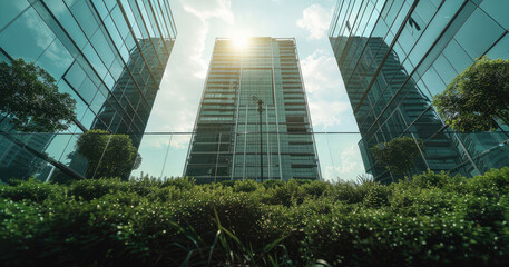 Poster - A frontal skyscraper with many bushes nearby glass fences, with grass ground, day light. Generative AI.