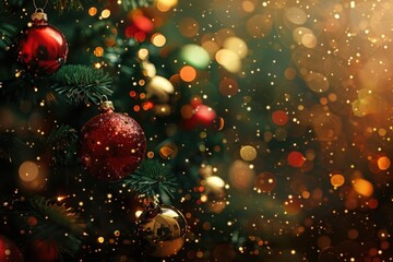 Wall Mural - festive christmas tree with sparkling lights and colorful baubles, creating a warm holiday atmospher