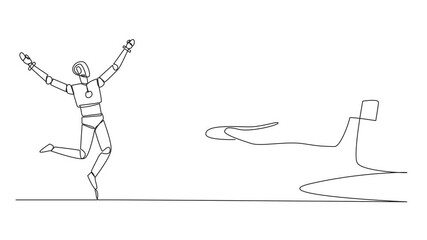 Poster - Animation of a single continuous line drawing a robot excited to get miniature car from giant hand. Duplicating artificial intelligence. Car technology in the future. Development. Full length motion
