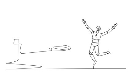Poster - Animation of a single continuous line drawing of a robot happy to get the trophy from the giant hand. Proving the success of the robot. Win the competition. Artificial intelligence. Full length motion