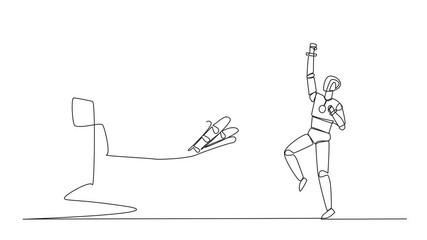 Poster - animation of a single one line drawing of a robot excited to get a safe deposit box from a giant han