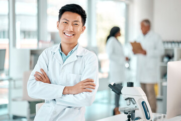 Poster - Scientist, portrait and Asian man with arms crossed in lab for innovation, research or investigation. Cure, pathology and person with confidence for discovery, breakthrough or medical experiment