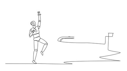 Poster - animation of single continuous line drawing a smart robot is excited to get the globe from giant han