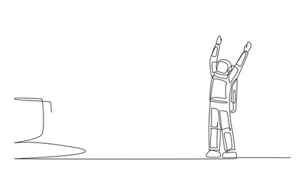 Poster - Animated self drawing of continuous one line drawing the astronaut was excited to get the clipboard from a giant hand. Making checklists. Manual expedition recording. Cosmonaut. Full length animation