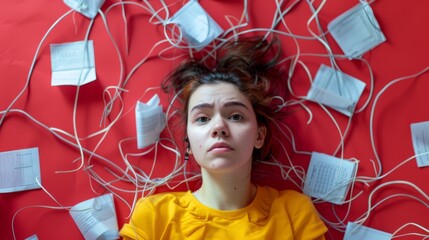 Person with scattered papers and tangled wires