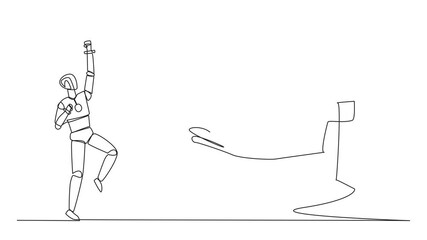Poster - animated self drawing of single one line drawing a robot is excited to get lightbulb from a giant ha