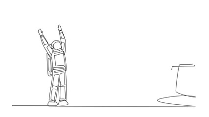 Poster - Self drawing animation of single one line drawing astronaut was excited to get roll of stamped paper from giant hand. Vintage. Discovery of important records of space expeditions. Full length animated