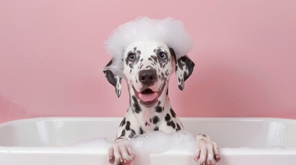 A cute dalmatian dog sits in a bathtub with plenty of foam on his head