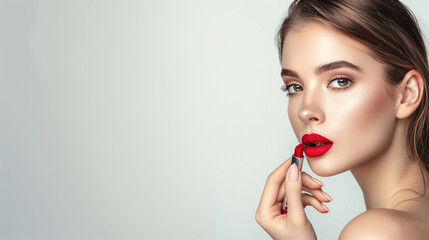 Poster - A beautiful woman applying lipstick, standing on the right side with a clean background