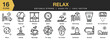 © spacepixel - Set of 16 Relax icon set. Editable Stroke Icon Collection. Includes sunset, summer, sleeping, snorkel, swimming, pijamas, and More. Outline icons vector collection.