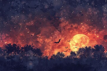 Wall Mural - Night Sky with Bats and a Full Moon