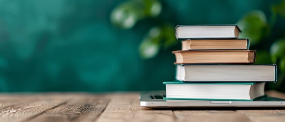 Wall Mural -  A tablet computer with a stack of books on it, placed on a wooden table Nearby, a potted plant adds a touch of nature